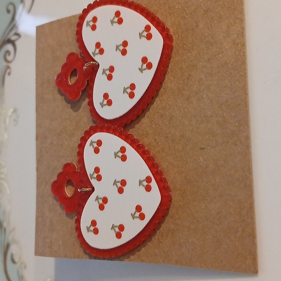 109-  Laser Cut Acrylic Dangle Earrings- Red And White Cherry Hearts - Picture 5 of 5